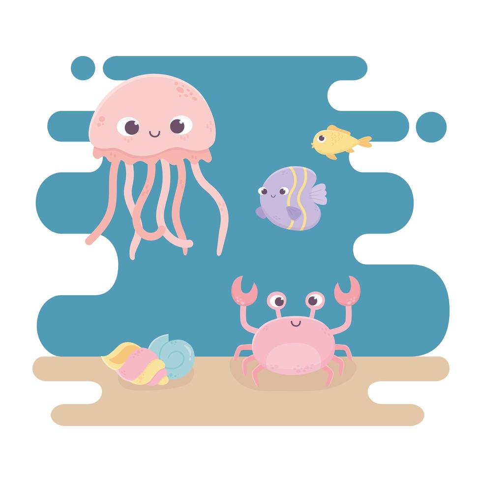 jellyfish crab fishes snail and shell life cartoon under the sea vector