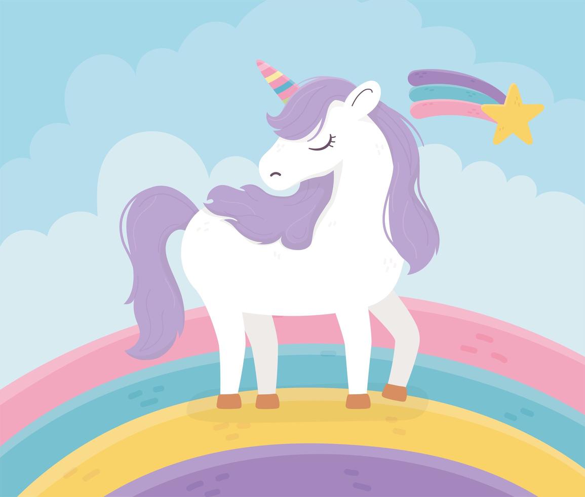 unicornio arcoíris estrella fugaz fantasía sueño mágico dibujos animados lindo vector