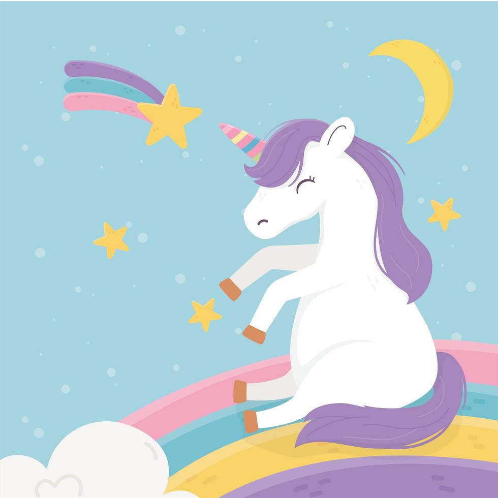 unicornio en la luna del arco iris estrella fugaz fantasía sueño mágico dibujos animados lindo vector