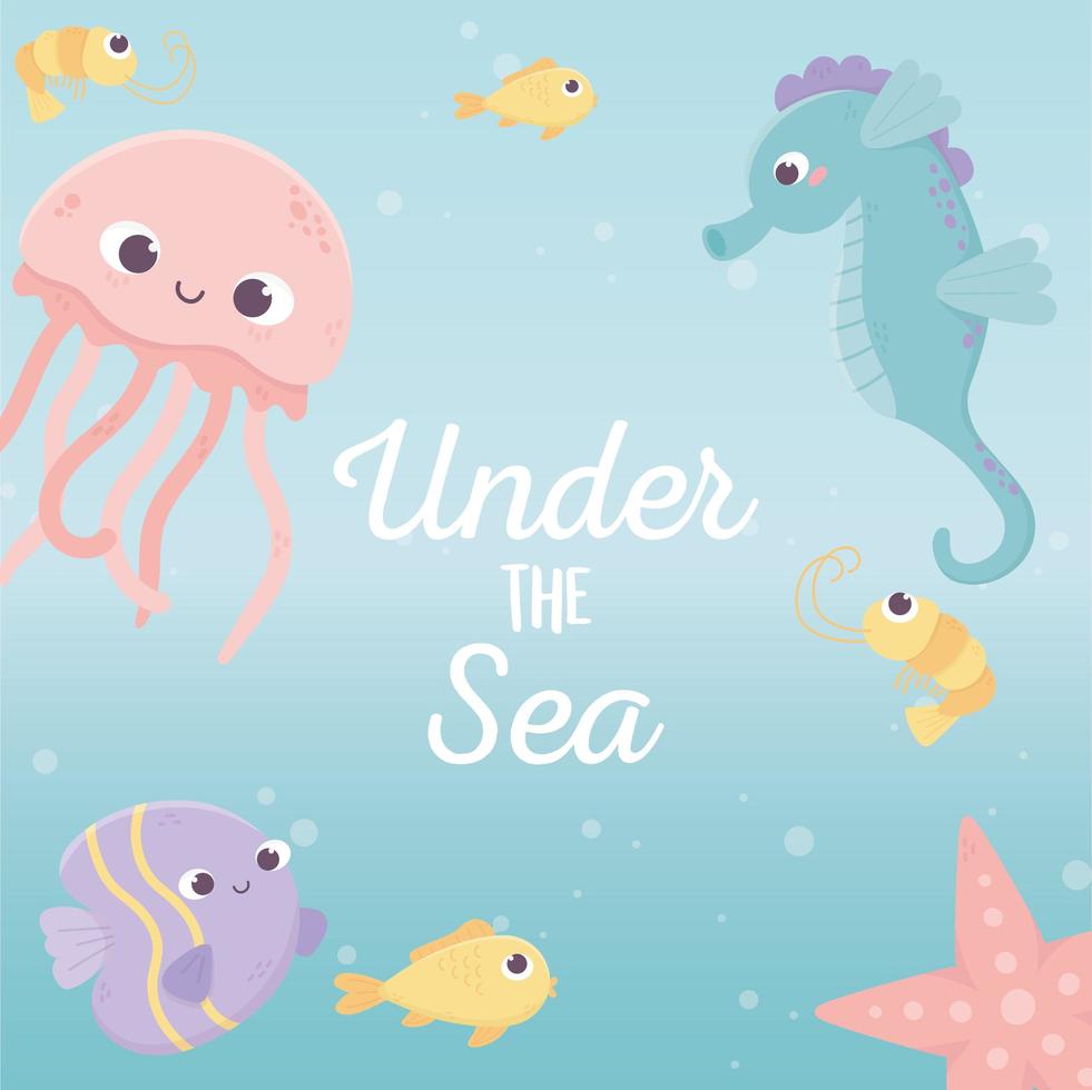 jellyfish fishes seahorse starfish life cartoon under the sea vector