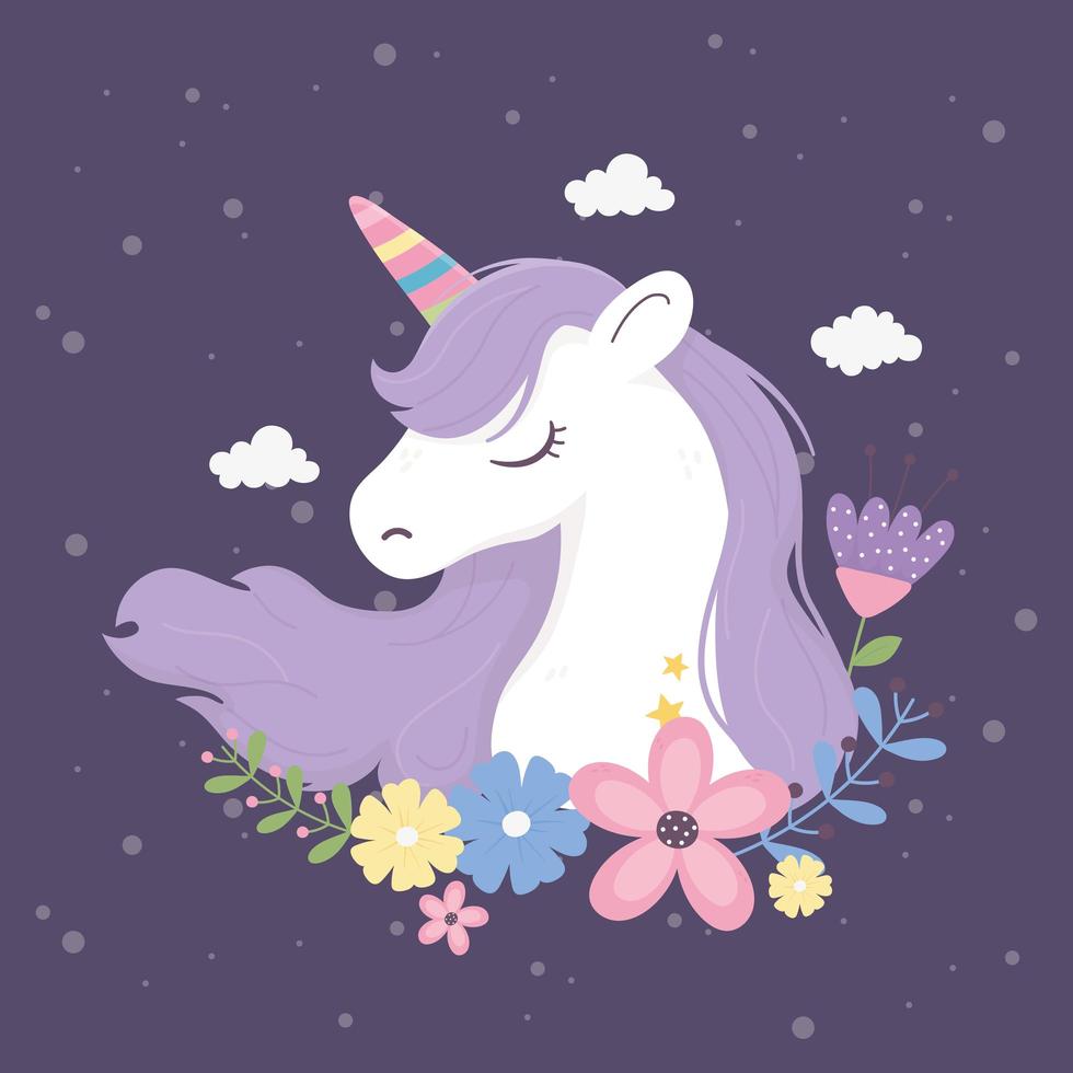 unicornio flores nubes fantasía magia sueño lindo dibujos animados vector