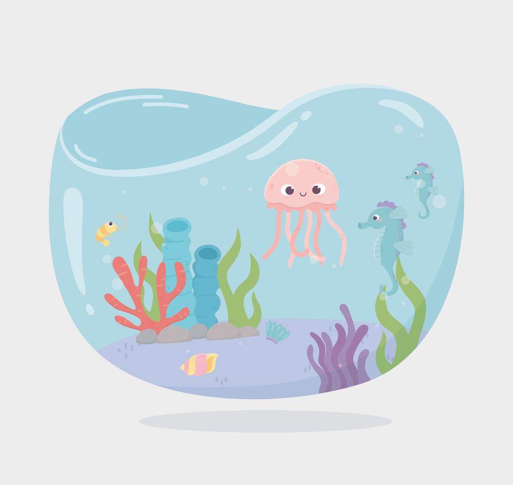 jellyfish seahorse fishes reef water under sea cartoon vector