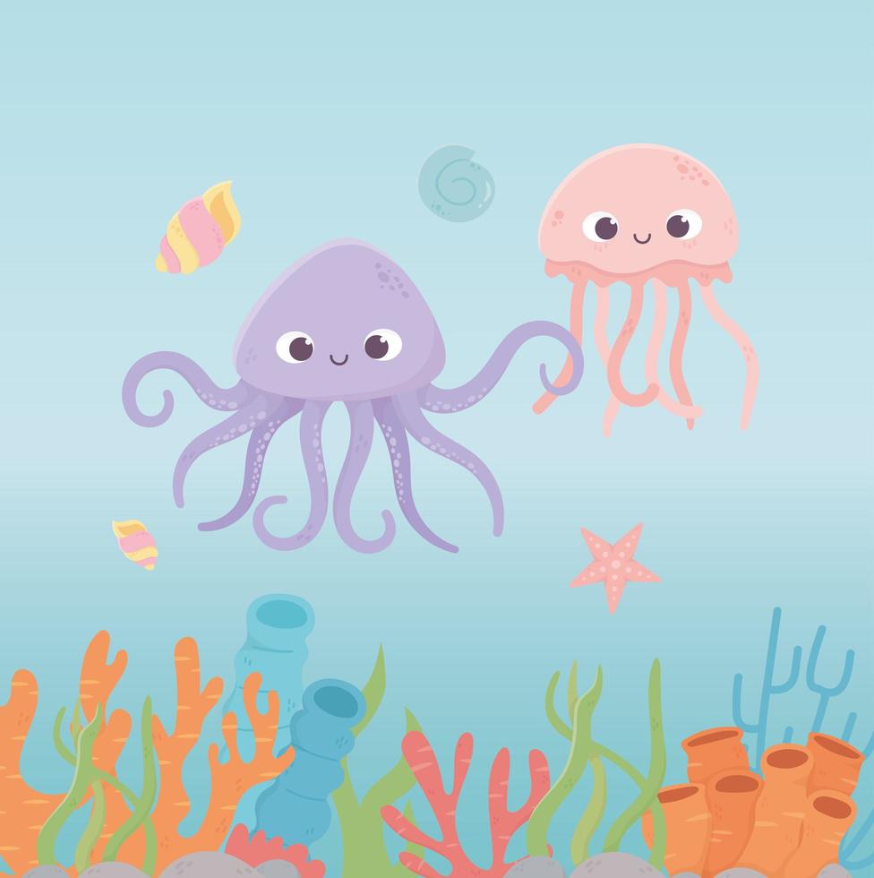 pulpo medusa vida de estrella de mar arrecife de coral dibujos animados bajo el mar vector