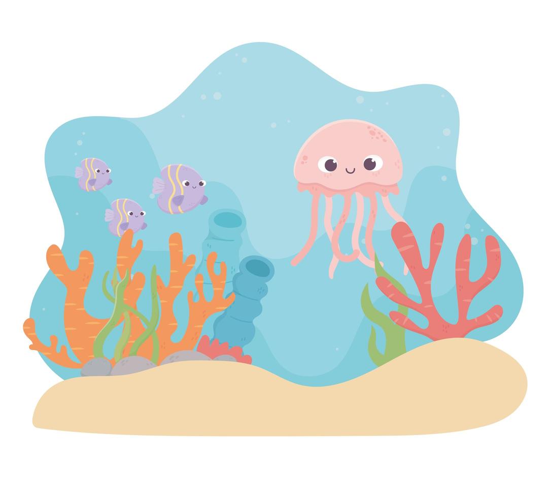 jellyfish fishes life coral reef cartoon under the sea vector