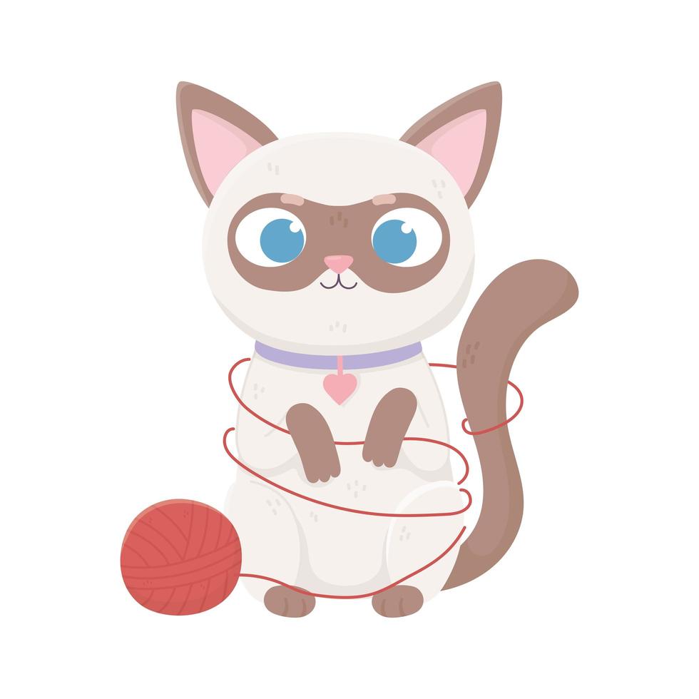 lindo gato siamés con bola de lana, mascotas vector