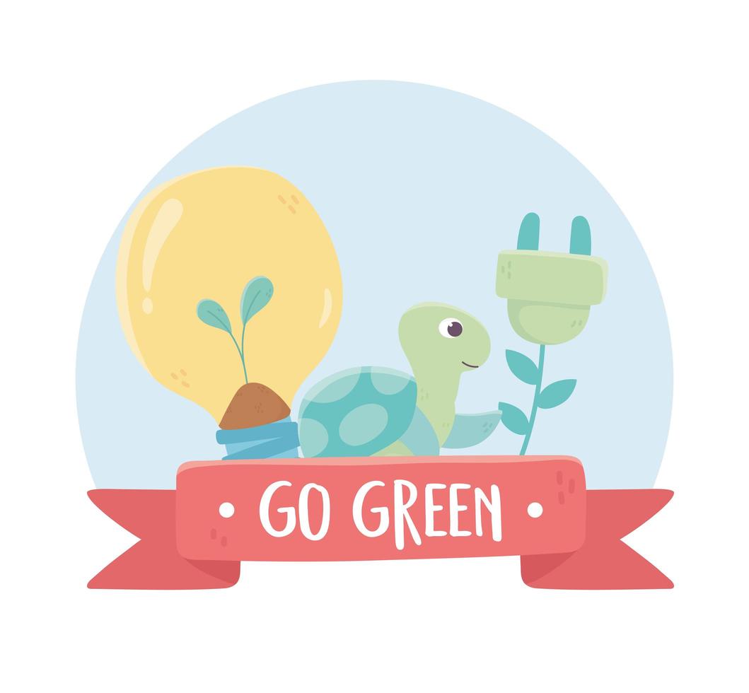 go green bulb turtle and plug environment ecology cartoon design vector