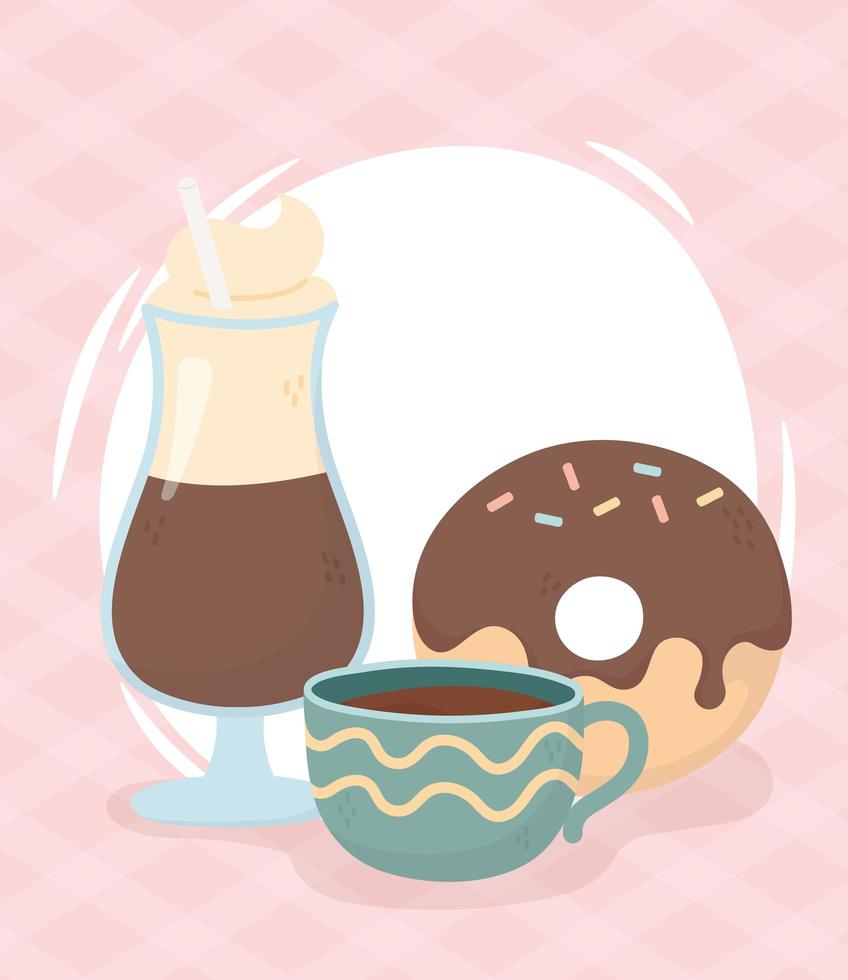 coffee time, coffee mocha cup and donut fresh beverage vector
