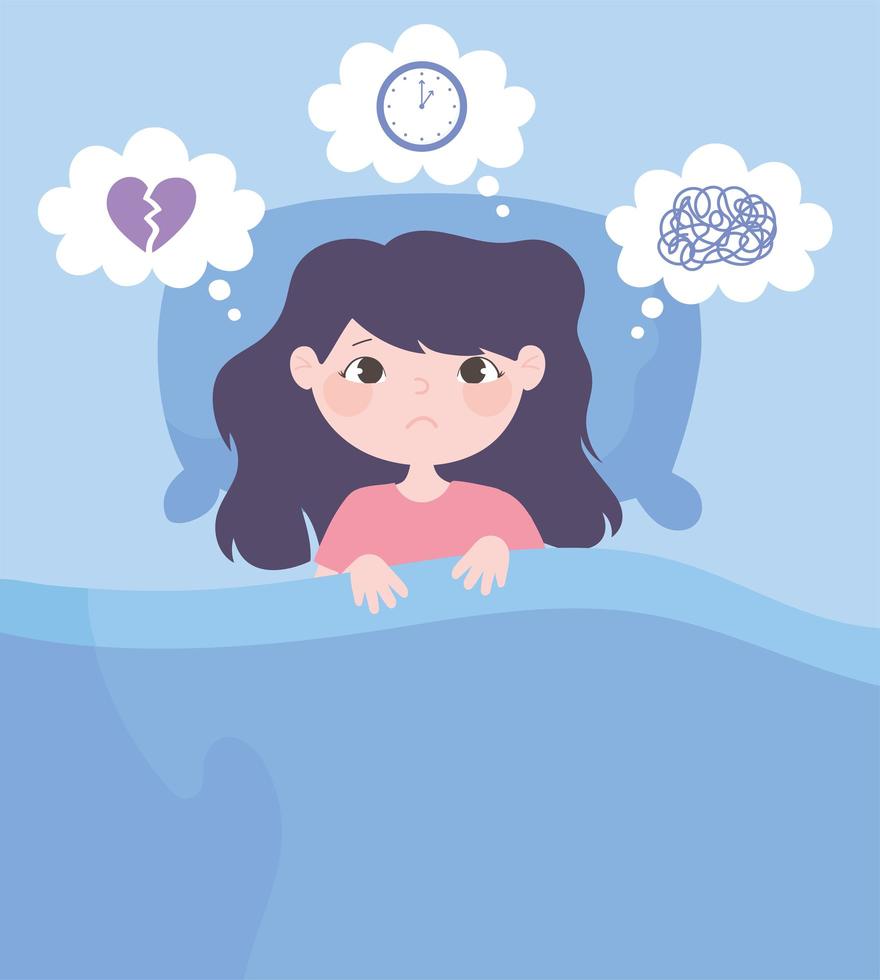 insomnia, girl cartoon on bed with headache worried vector