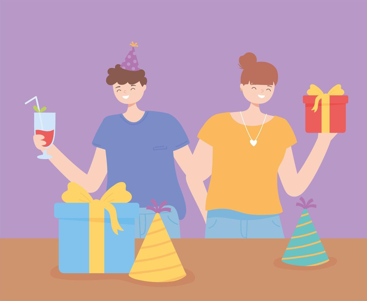 girl and boy with cups gift boxes and hats celebrating party vector