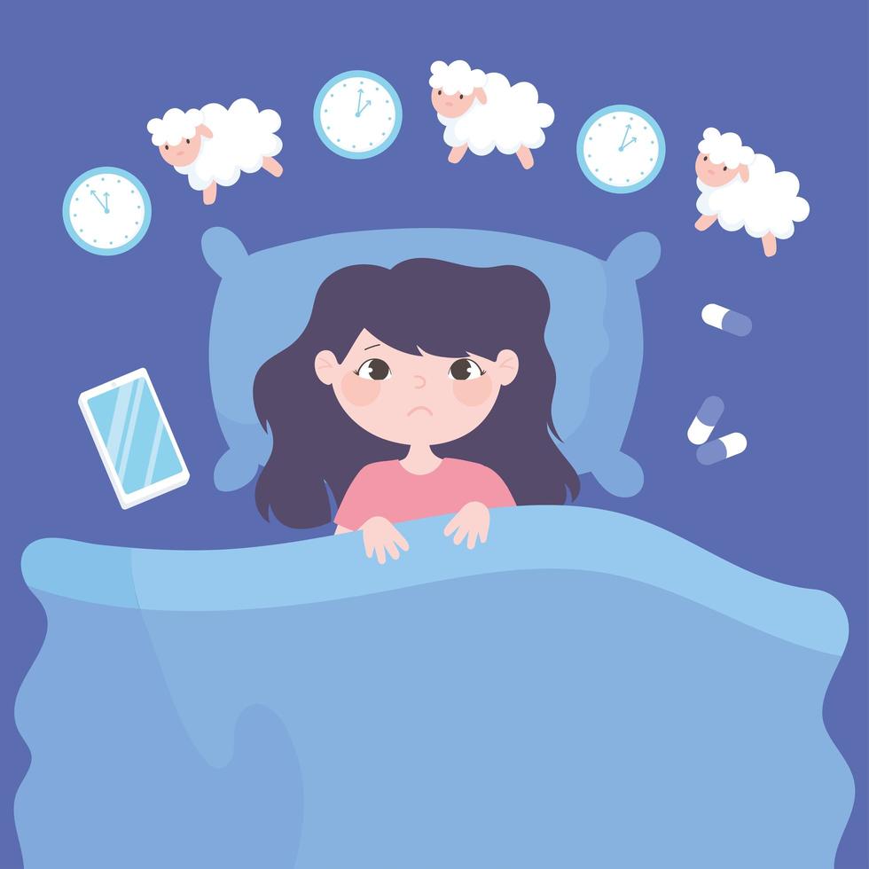 insomnia, sad girl on bed counting sheeps with clock medicine and mobile vector