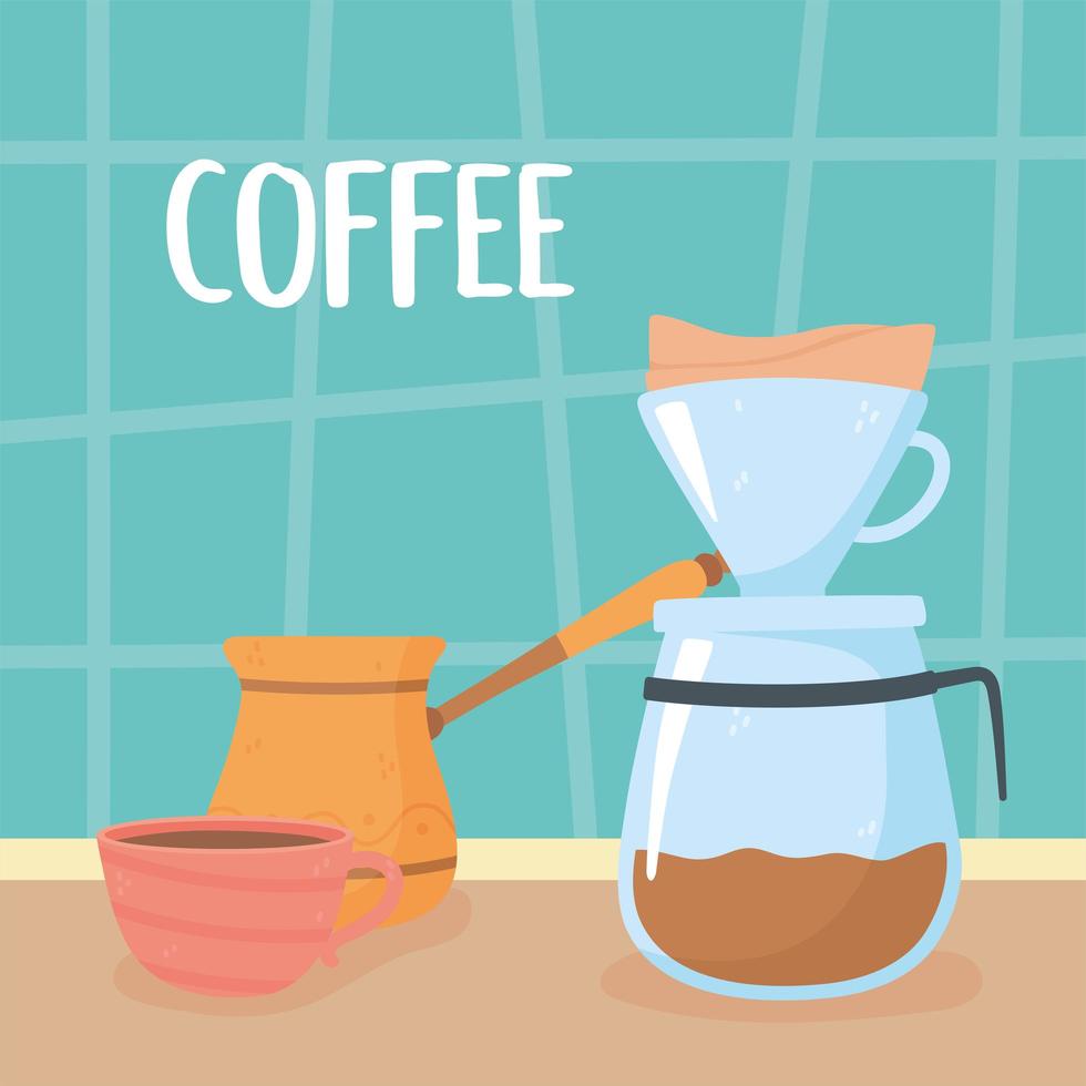 coffee brewing methods, drip brew turkish and cup vector