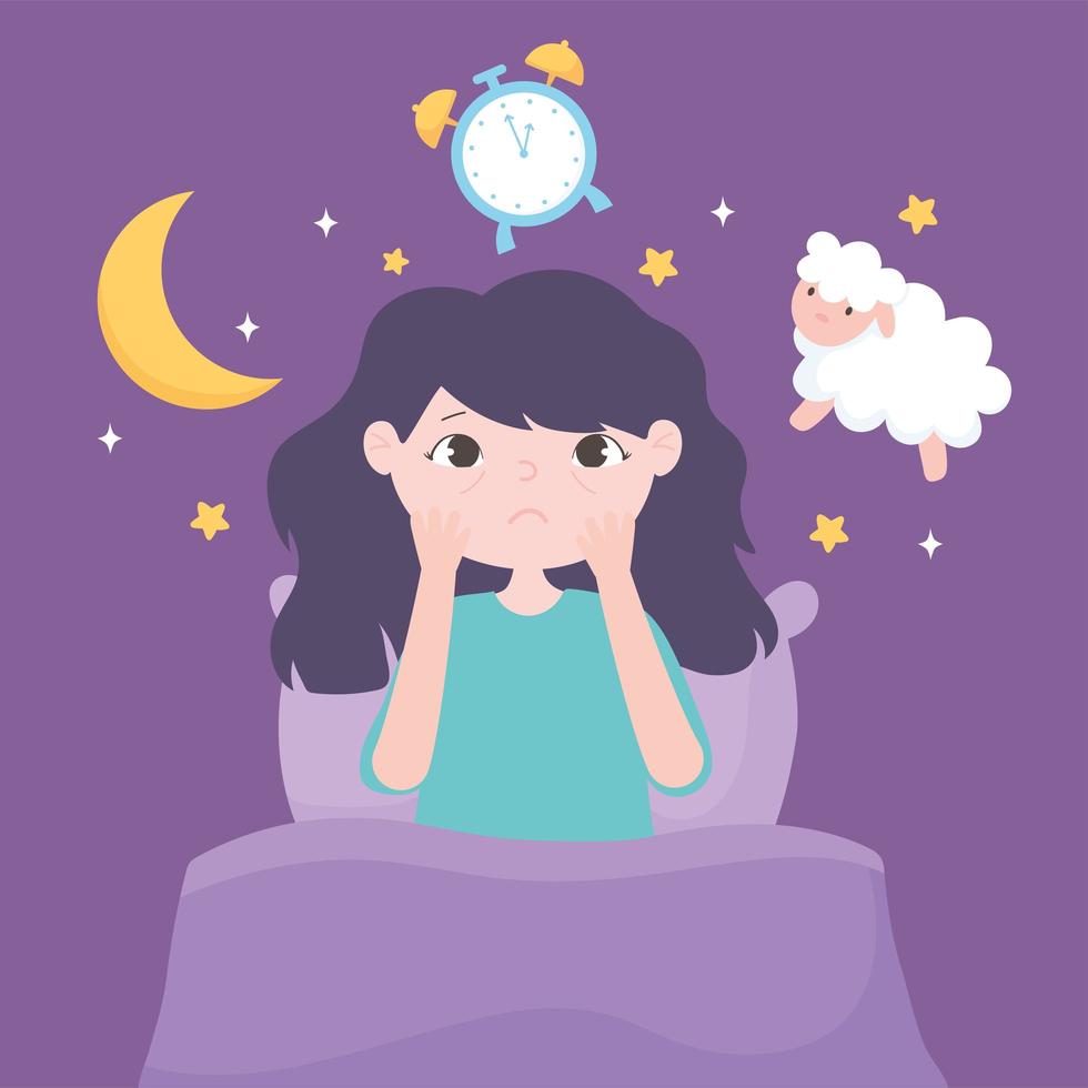 insomnia, girl sitting on bed sheep clock moon vector