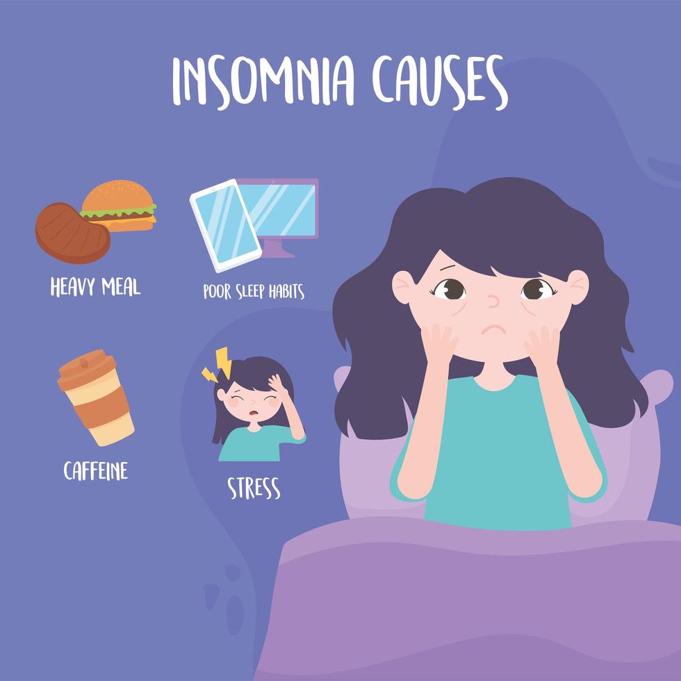 insomnia, girl with eye bags and causes disorder stress heavy meal caffeine and poor sleep habits vector