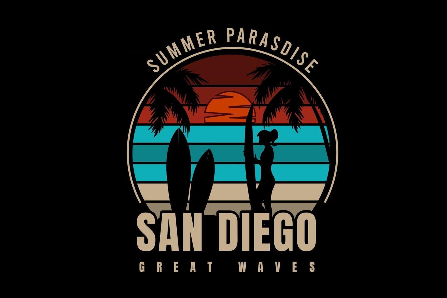 paraíso de verano san diego grandes olas color rojo y verde vector