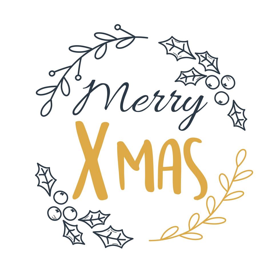 merry xmas handwritten lettering holly berry leaf decoration vector