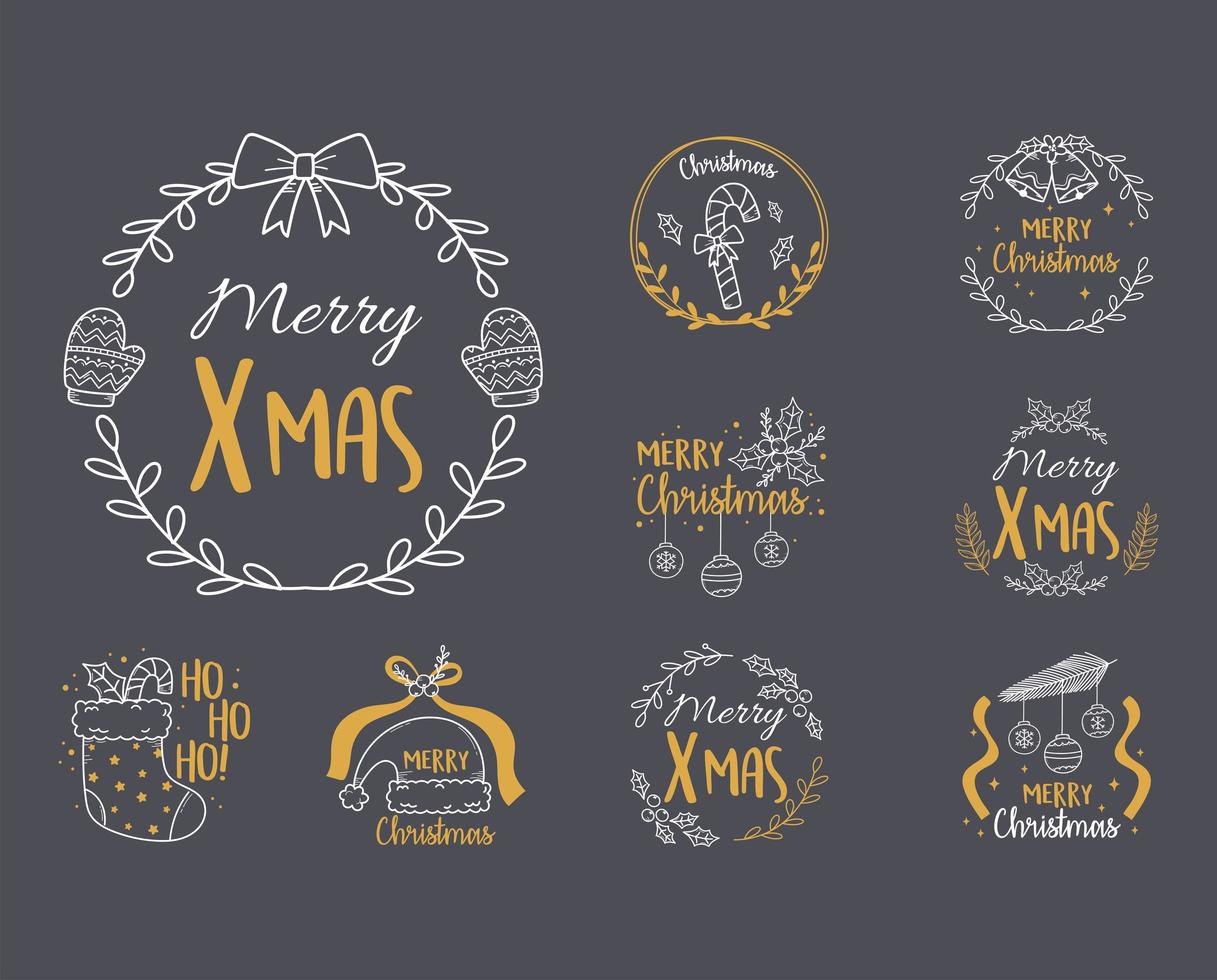 merry christmas black background with collection labels, sock, hat, balls, vector