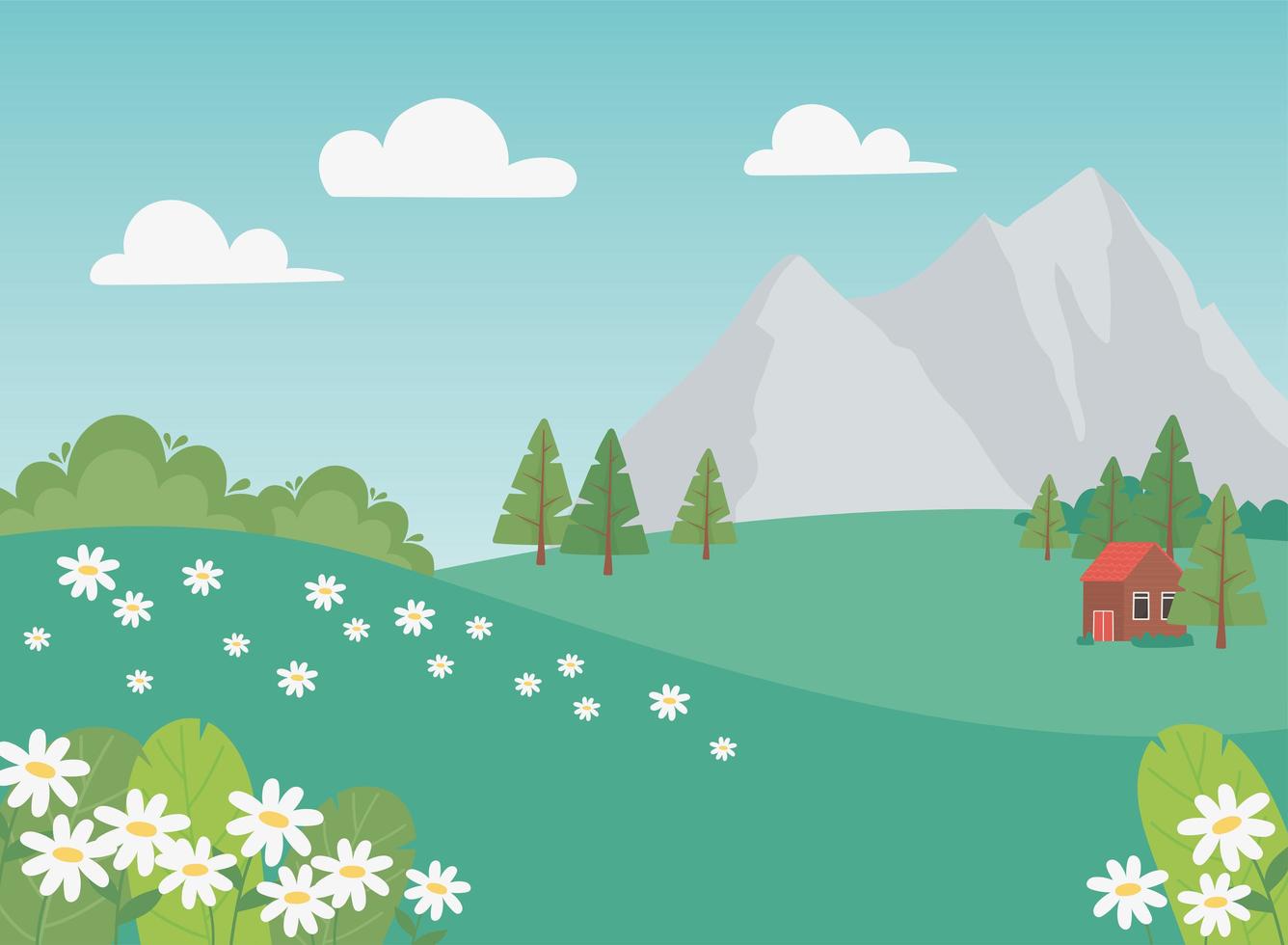 landscape countryside house flowers trees and mountains scene vector
