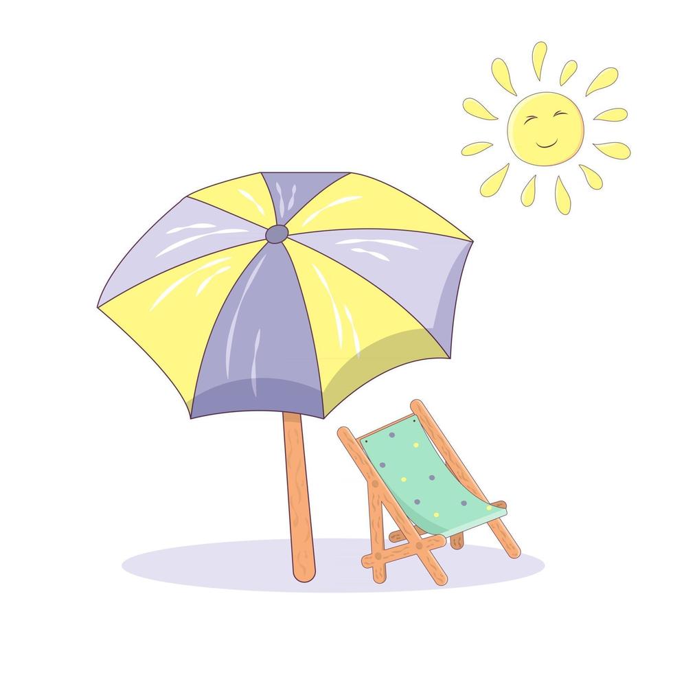 aislado en un fondo blanco tumbona, sombrilla y sol en estilo de dibujos animados. concepto de diseño para unas vacaciones de verano. ilustración vectorial sobre el tema del descanso junto al mar. vector