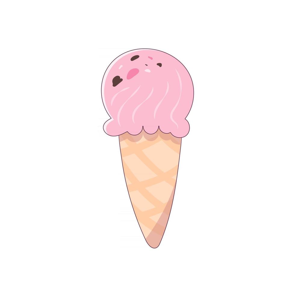 cono de helado con glaseado rosa y chispas en la parte superior, aislado sobre un fondo blanco. icono de un postre frío dulce en un estilo de dibujos animados de tendencia con un contorno sutil ilustración vectorial. vector