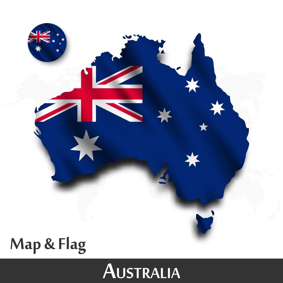 Australia mapa y bandera. agitando diseño textil. fondo del mapa del mundo de puntos. vector