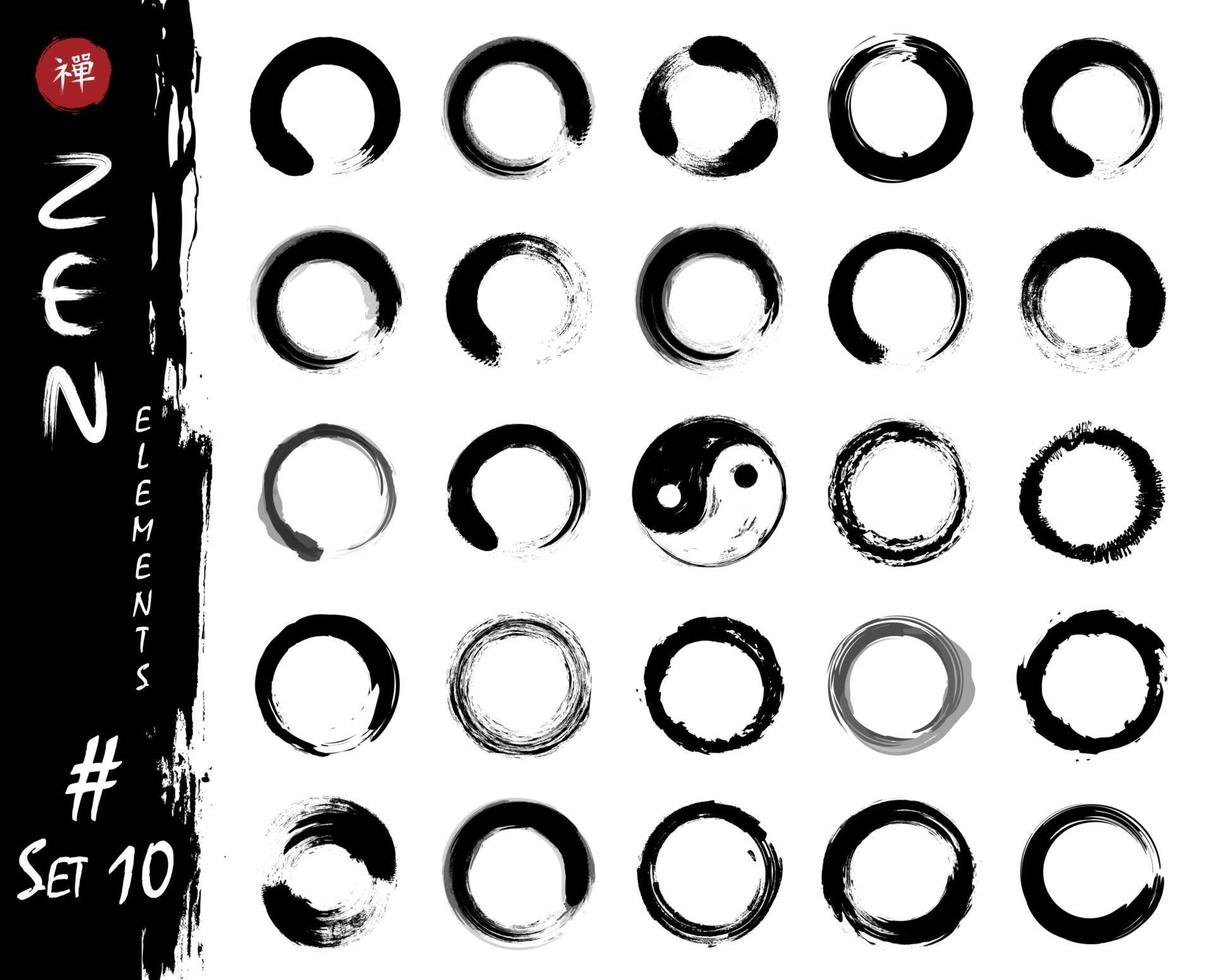 Enso zen circle set elements . Ink grungy watercolor pattern painting design . White isolated background . Vector illustration .