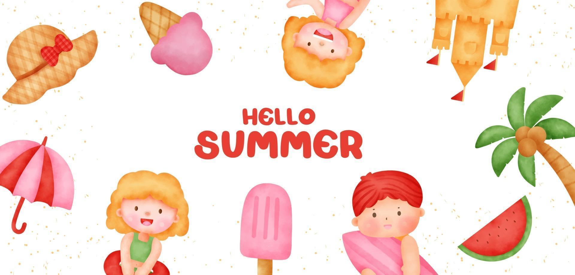 Summer banner with summer elements in watercolor style vector