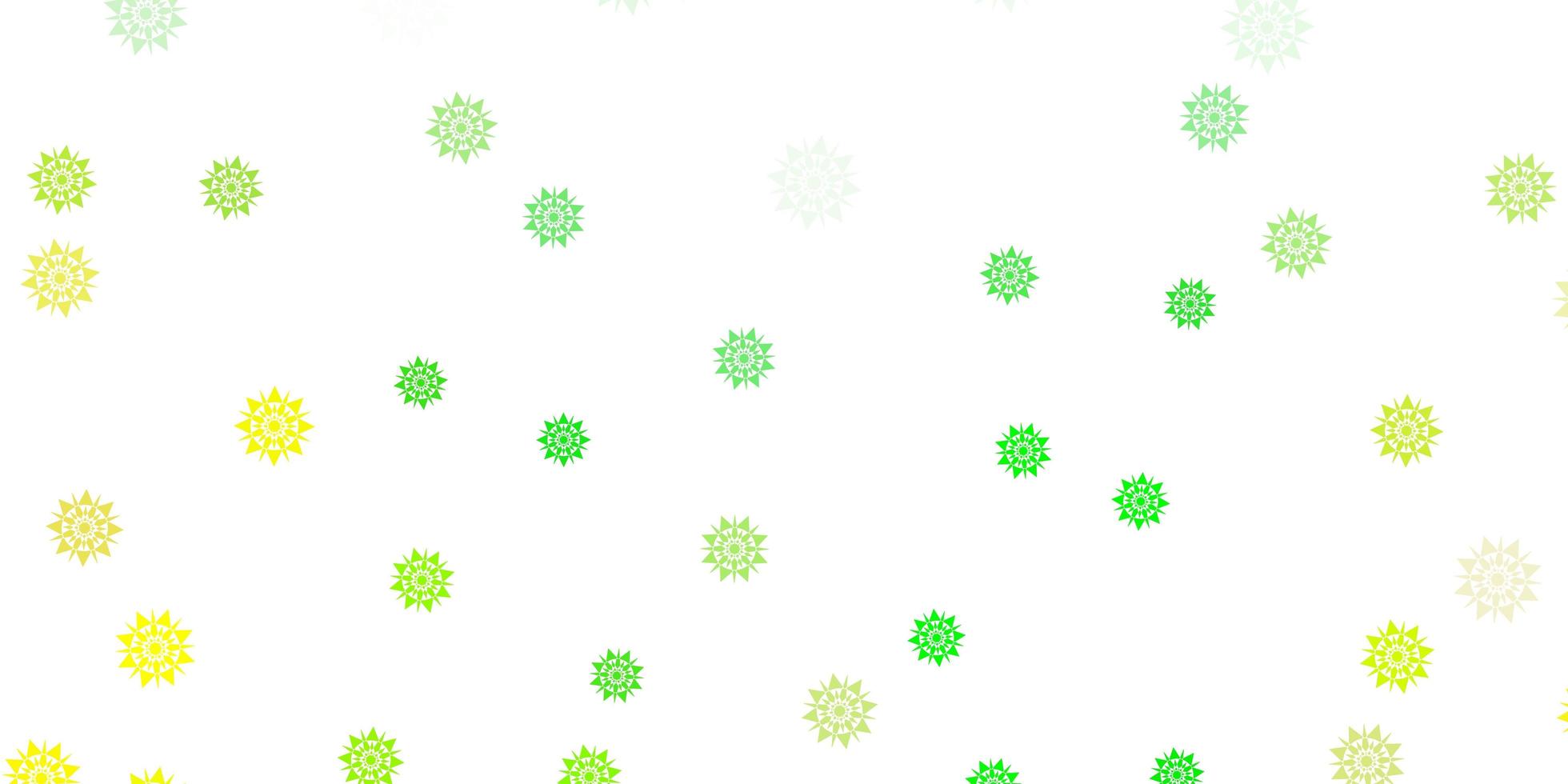 Light green yellow vector beautiful snowflakes backdrop with flowers