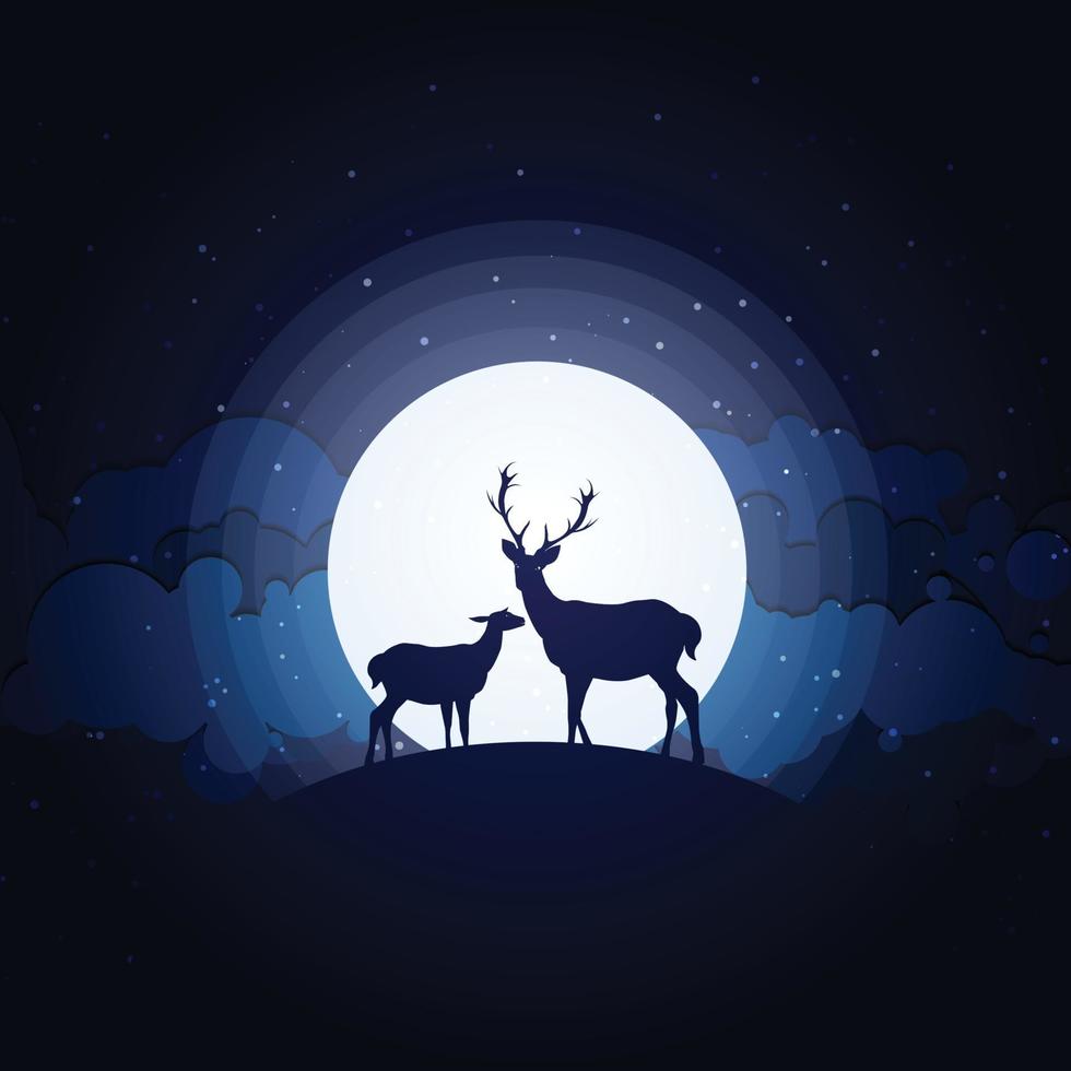 Deer silhouette standing on a hill. Night full moon on the background vector