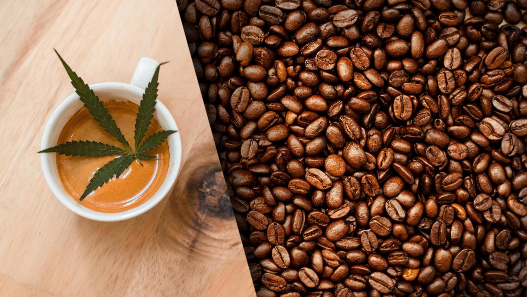 Cannabis coffee with coffee beans on table on the table photo