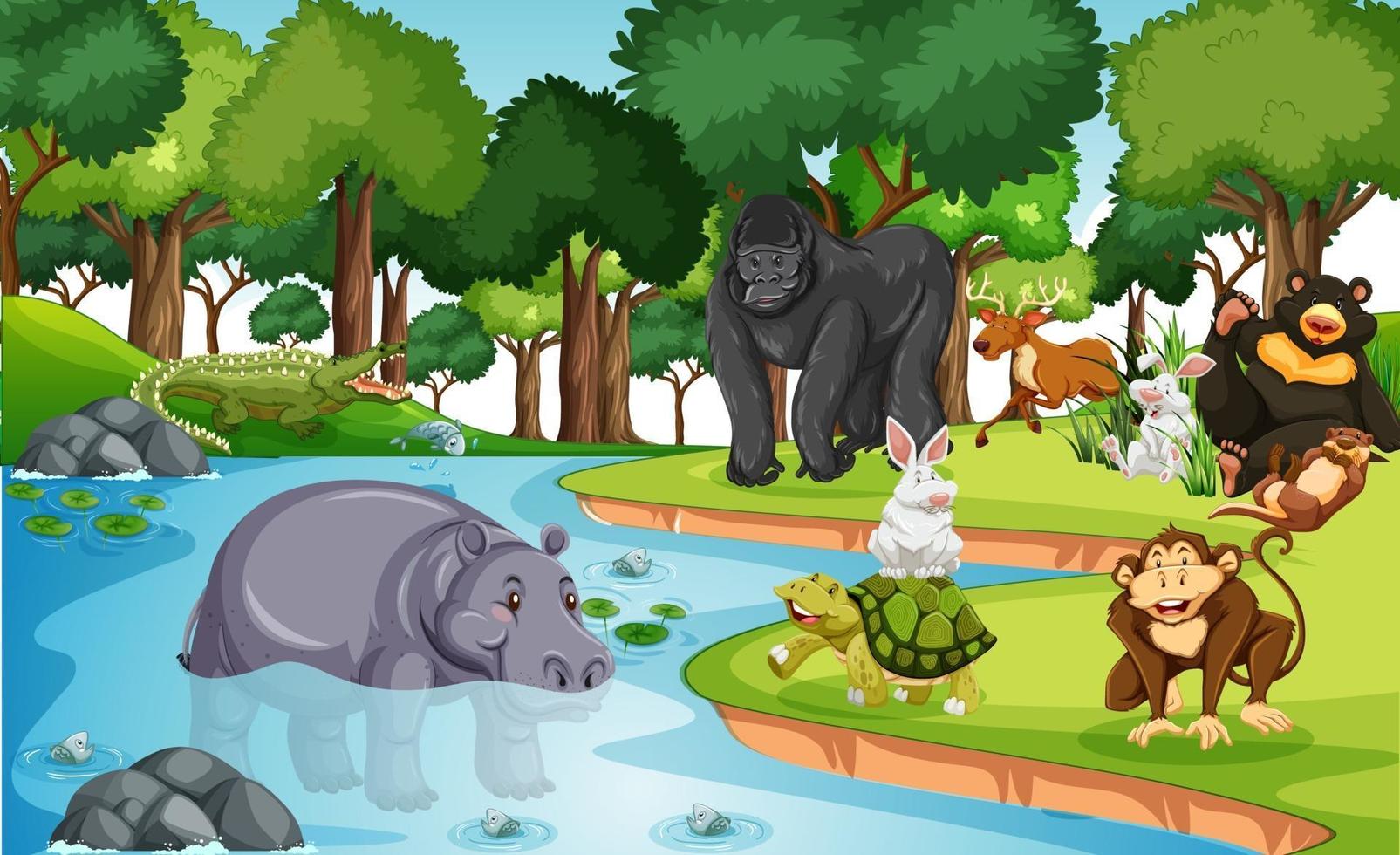 Many different animals in the forest scene vector