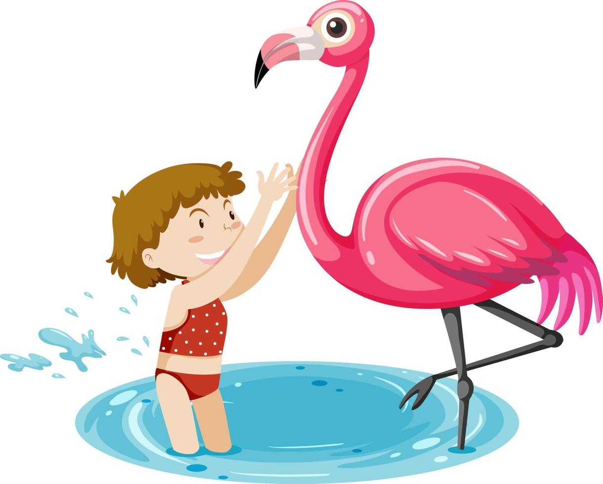 niña jugando con flamingo aislado vector