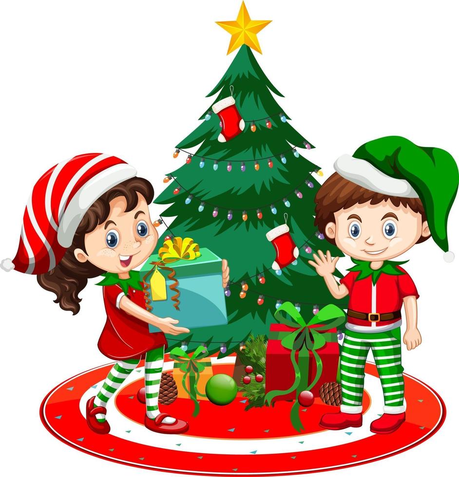 Los niños usan traje de Navidad personaje de dibujos animados con árbol de Navidad sobre fondo blanco. vector