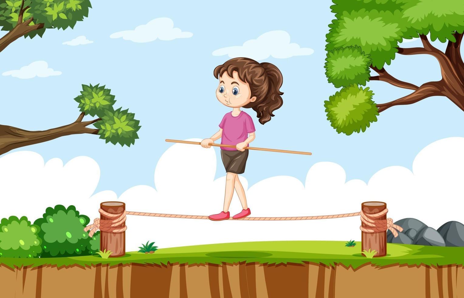 Outdoor scene with a girl balancing on rope vector
