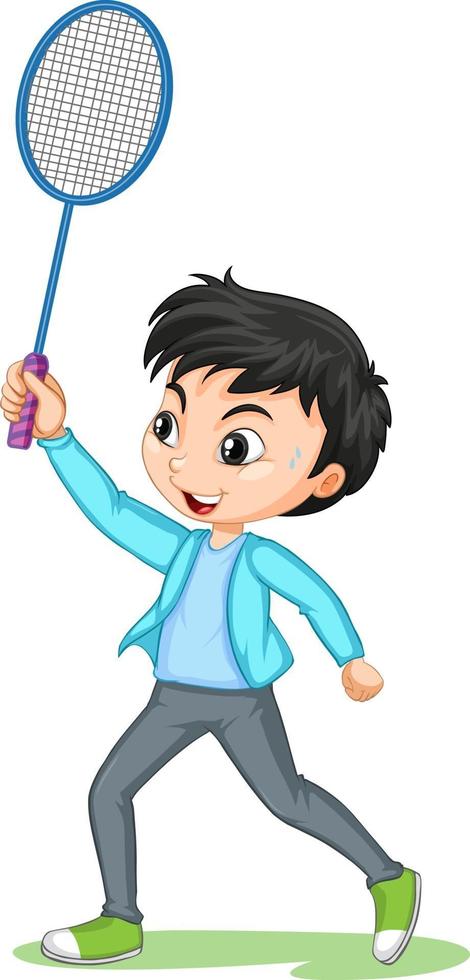 lindo, niño, jugar al bádminton, caricatura, carácter, aislado vector