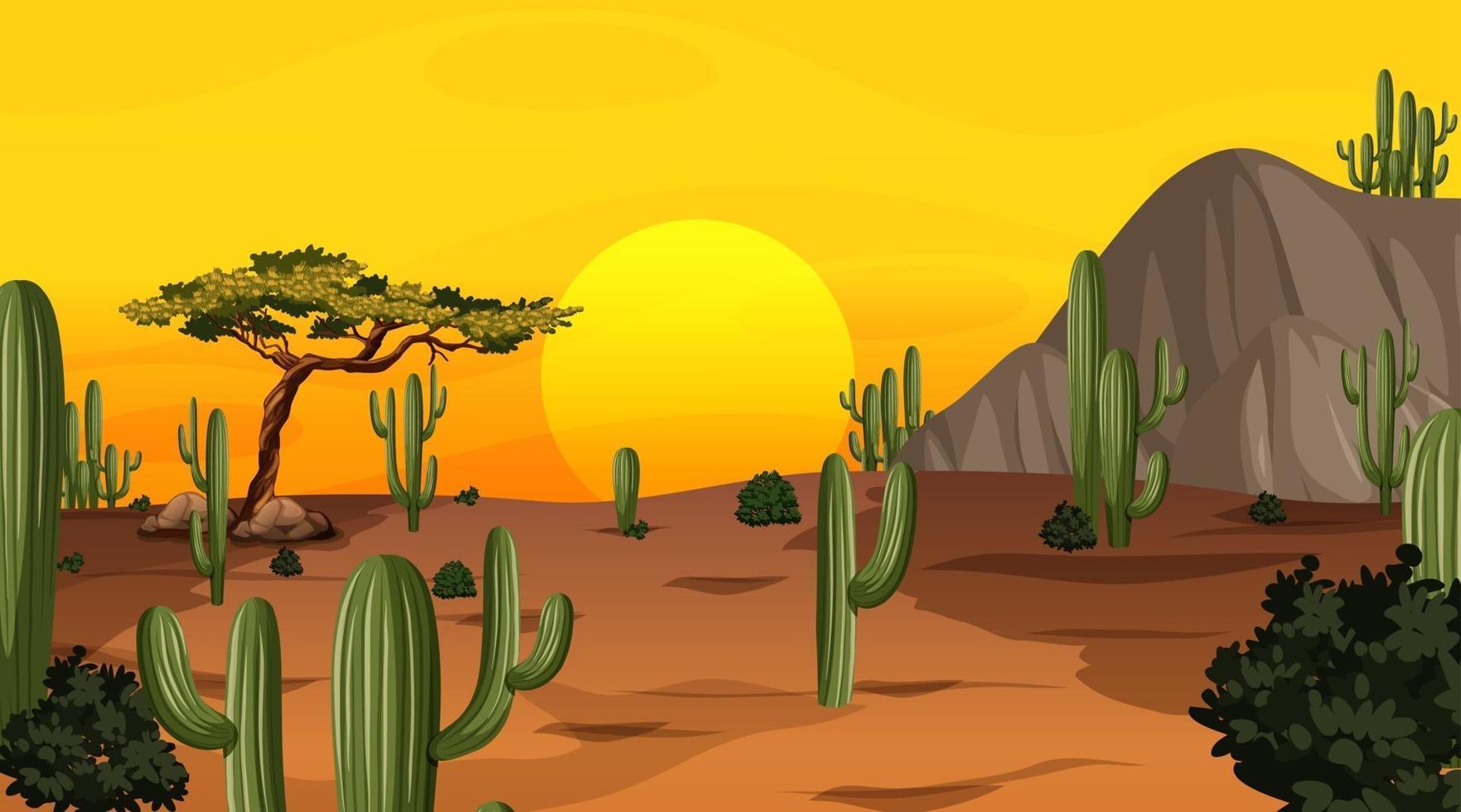 paisaje de bosque desértico en la escena del atardecer con muchos cactus vector