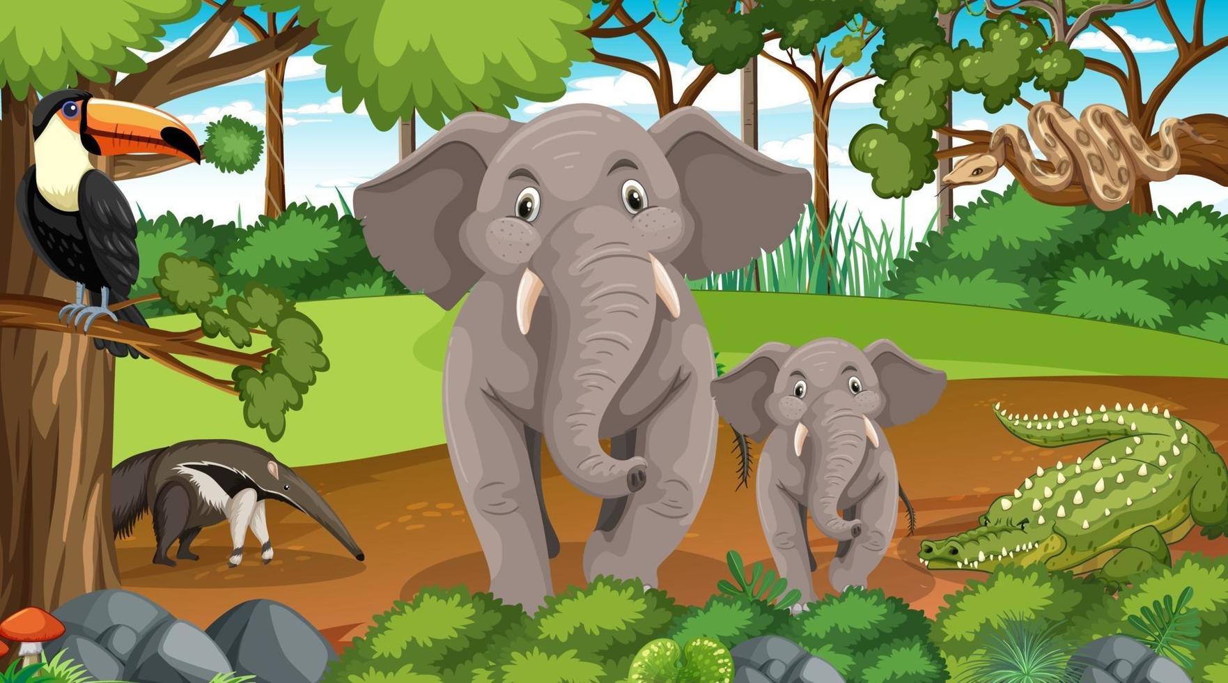 familia de elefantes con otros animales salvajes en la escena del bosque vector