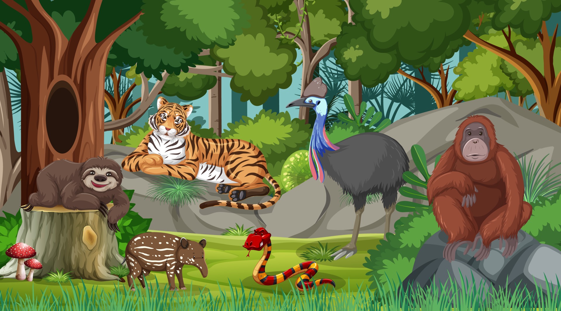 Wild animals in forest scene with many trees 2672670 Vector Art at Vecteezy Wild animals in forest scene with many trees 2672670 Vector Art at Vecteezy