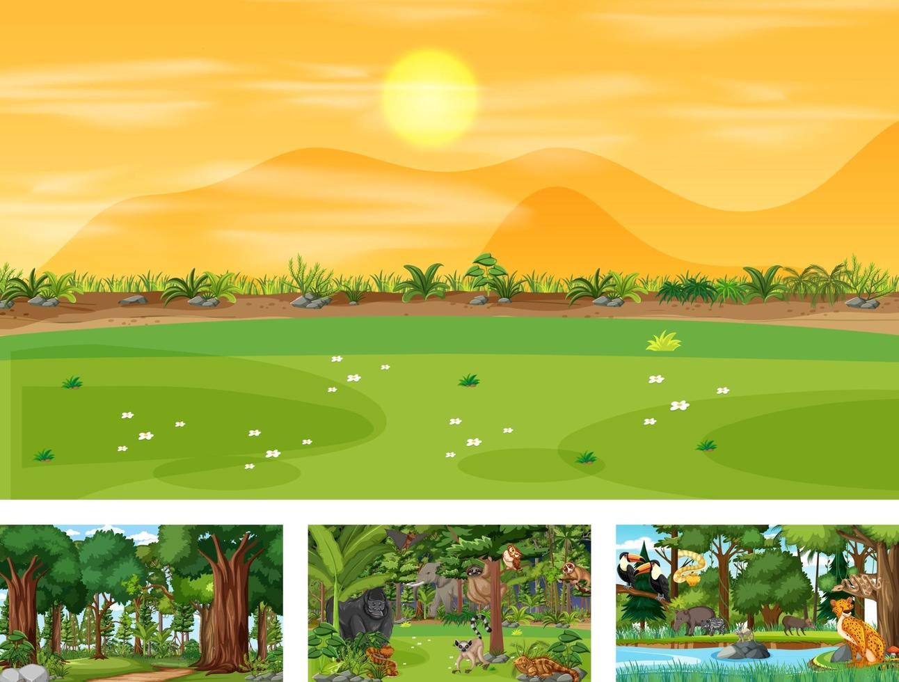 Set of different nature horizontal scene with various wild animals vector