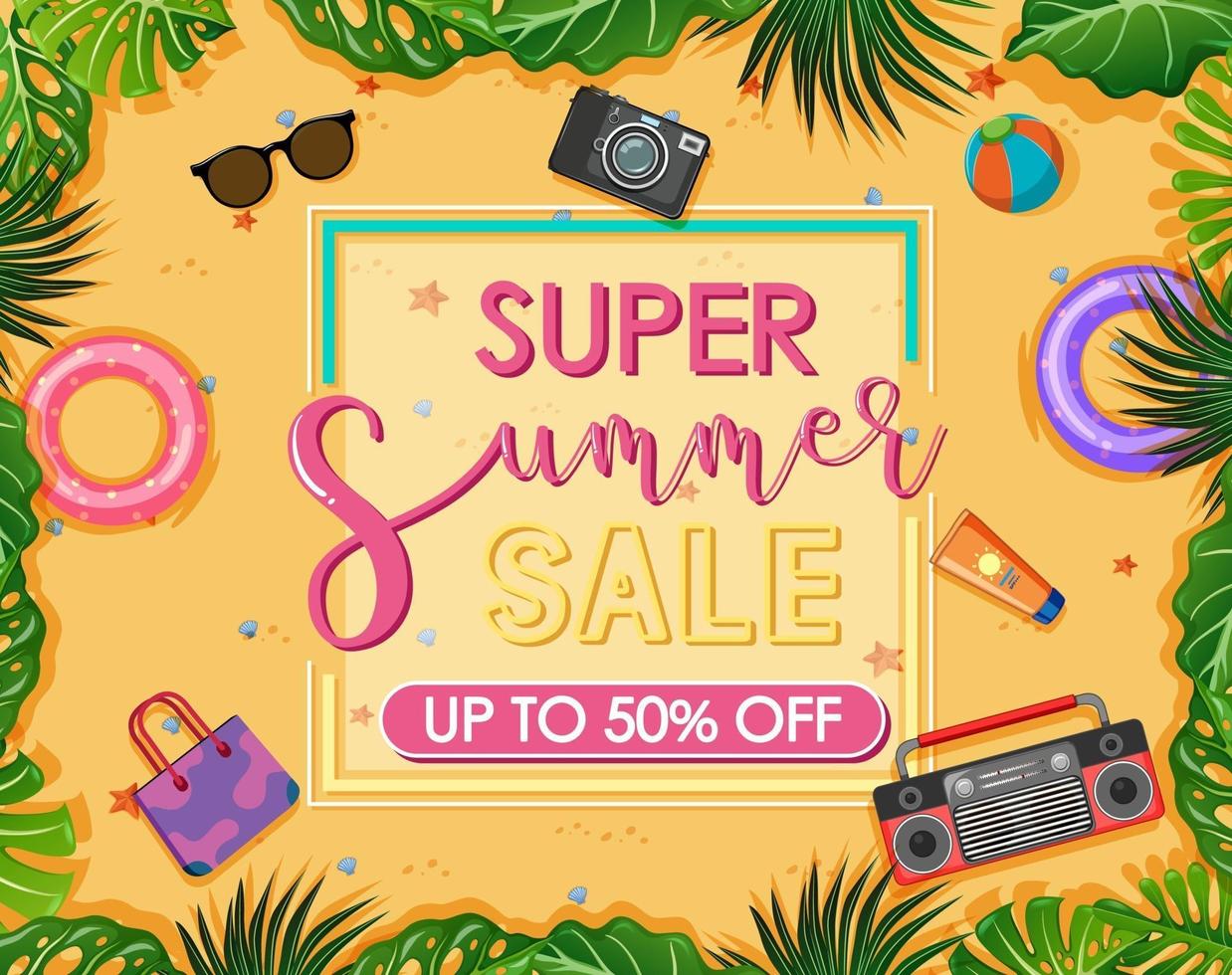 Super Summer Sale text banner with beach items vector