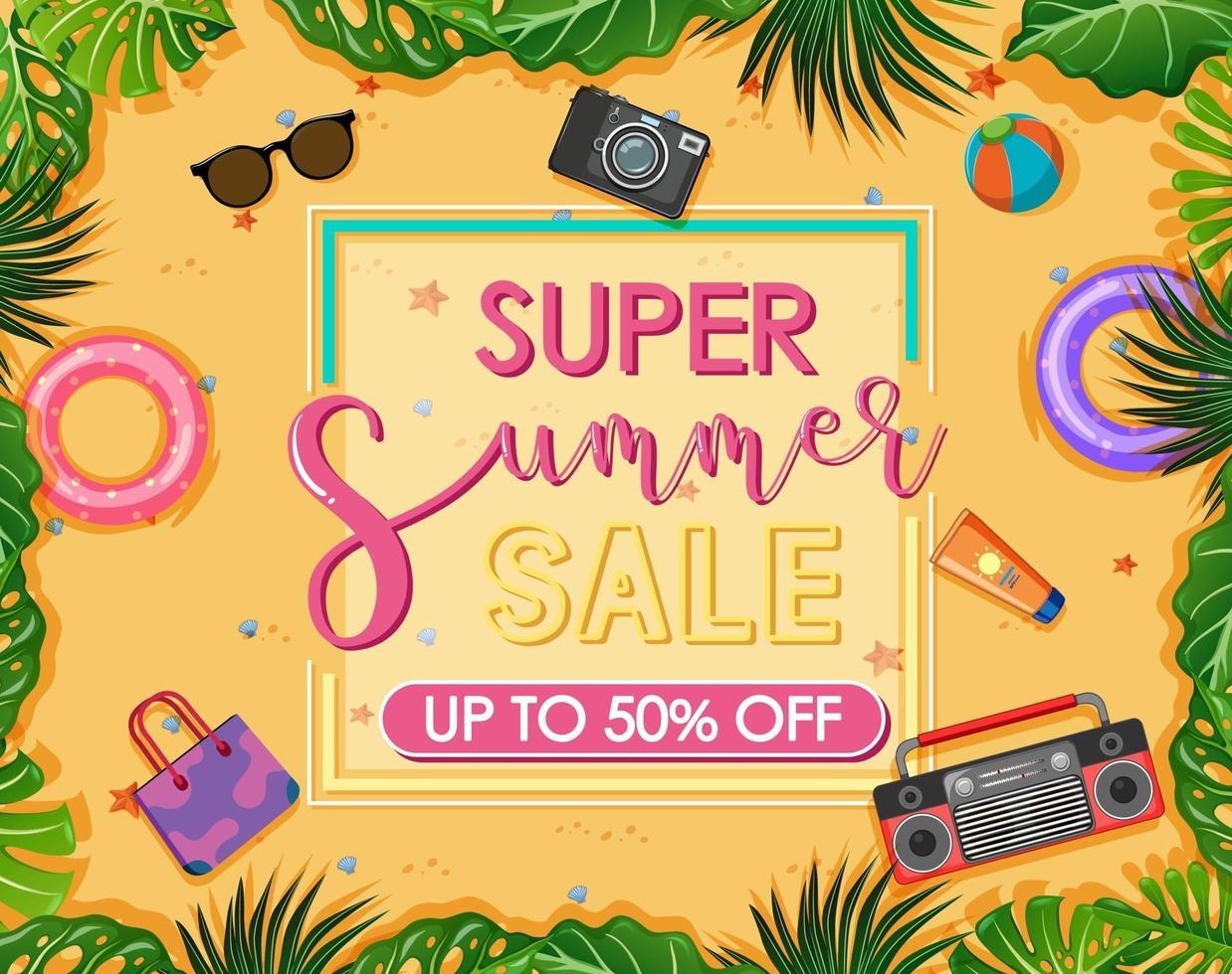 banner de texto de super oferta de verano con artículos de playa vector