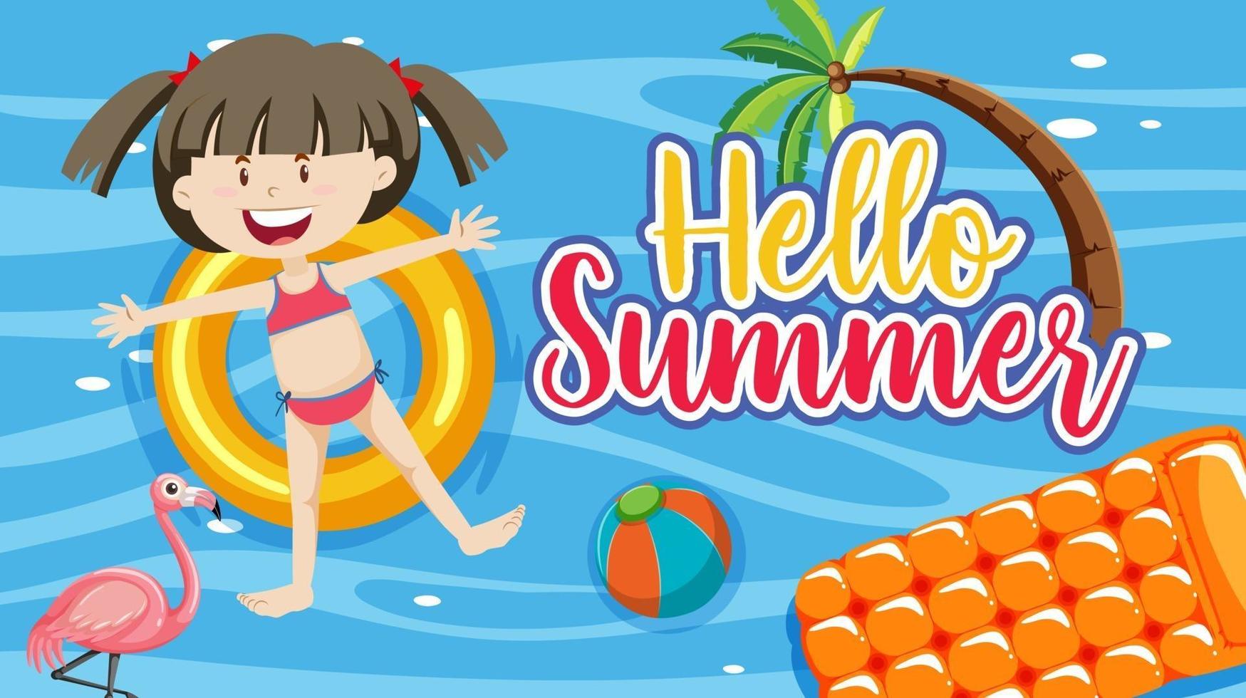 hola banner de verano con una niña en el anillo de natación en la piscina vector