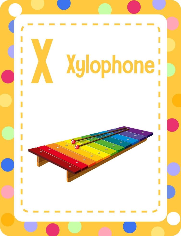 flashcard del alfabeto con la letra x para xilófono vector