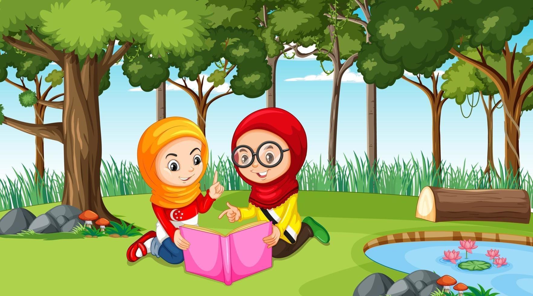 Muslim kids wears traditional clothes reading a book in the forest scene vector