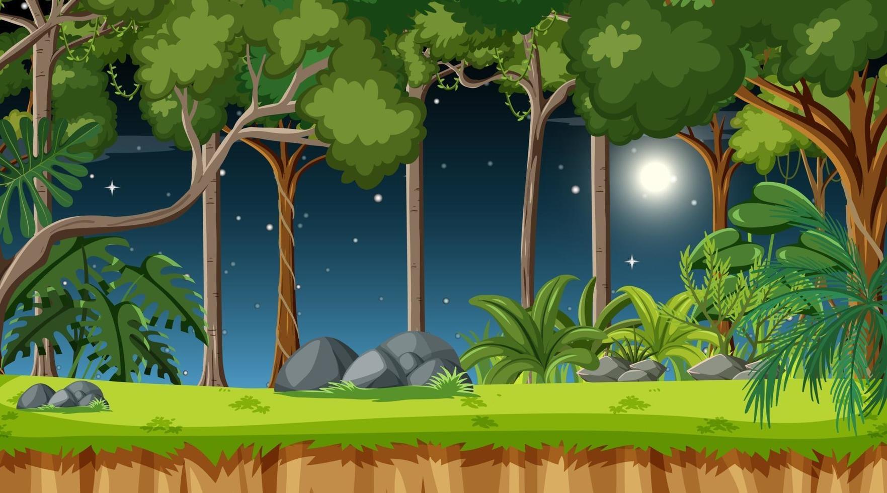 escena del paisaje forestal en la noche con muchos árboles diferentes vector