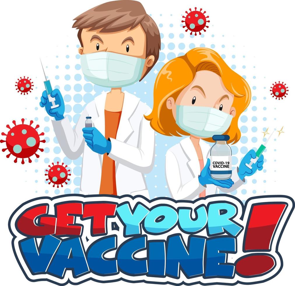 Get Your Vaccine font banner with doctor cartoon character vector