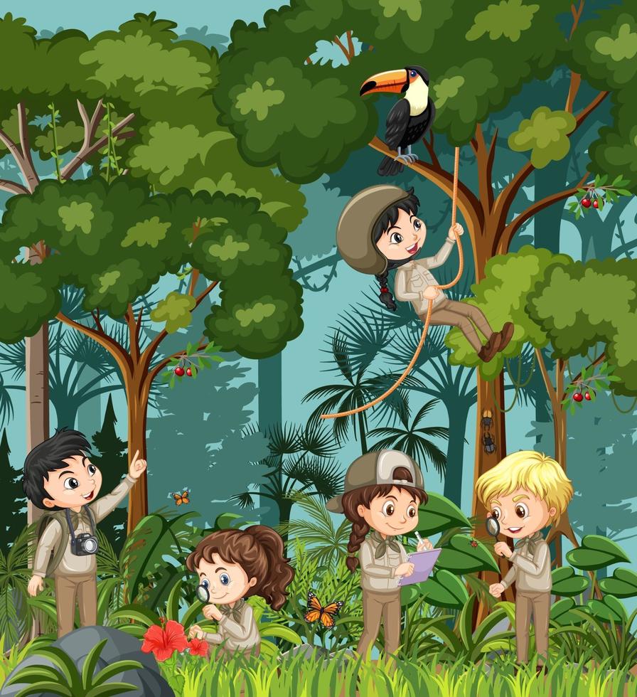 escena del bosque con muchos niños haciendo diferentes actividades. vector