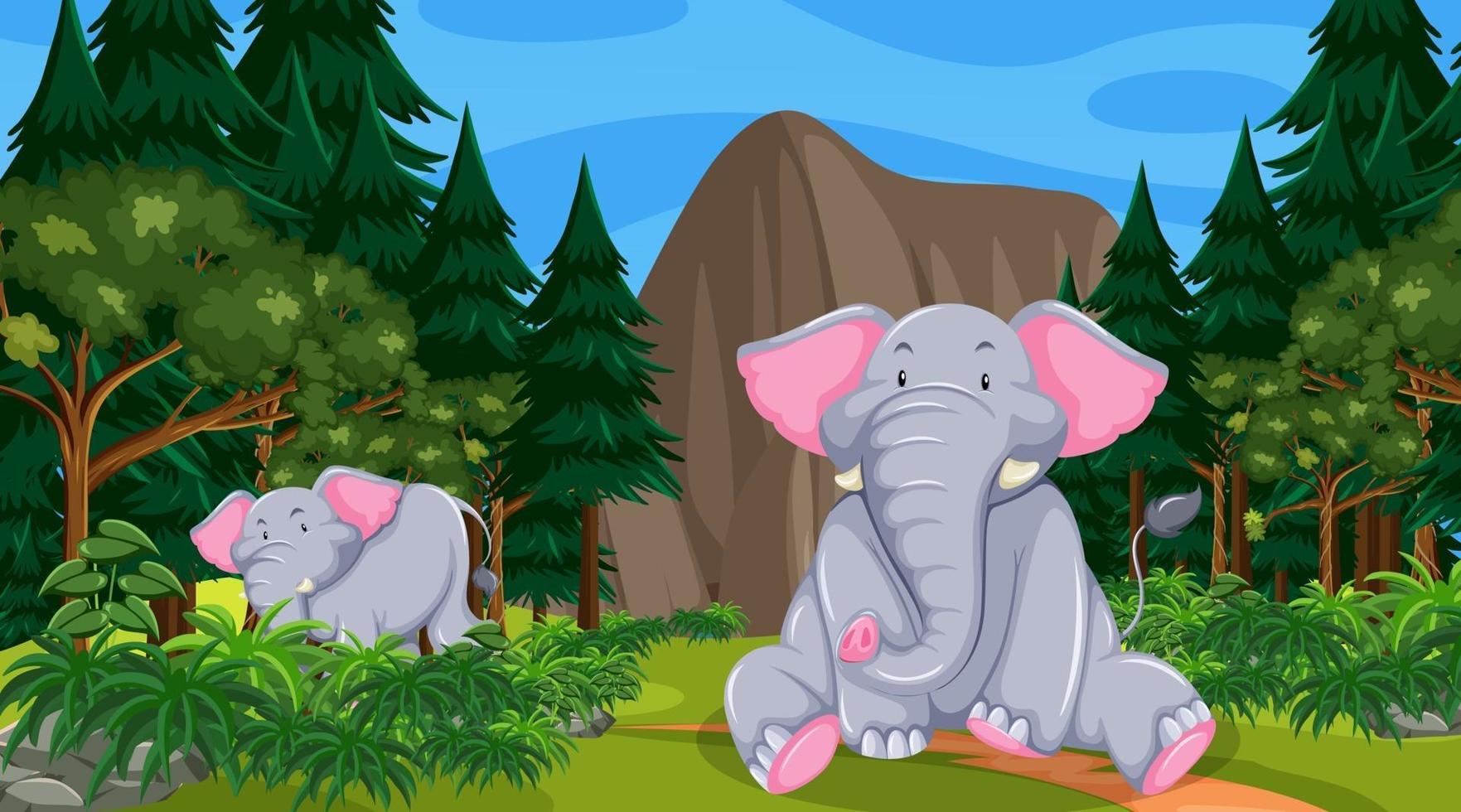 Elephant in forest or rainforest scene with many trees vector