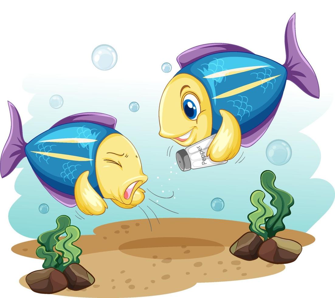 Cute fish cartoon character holding salt bottle vector