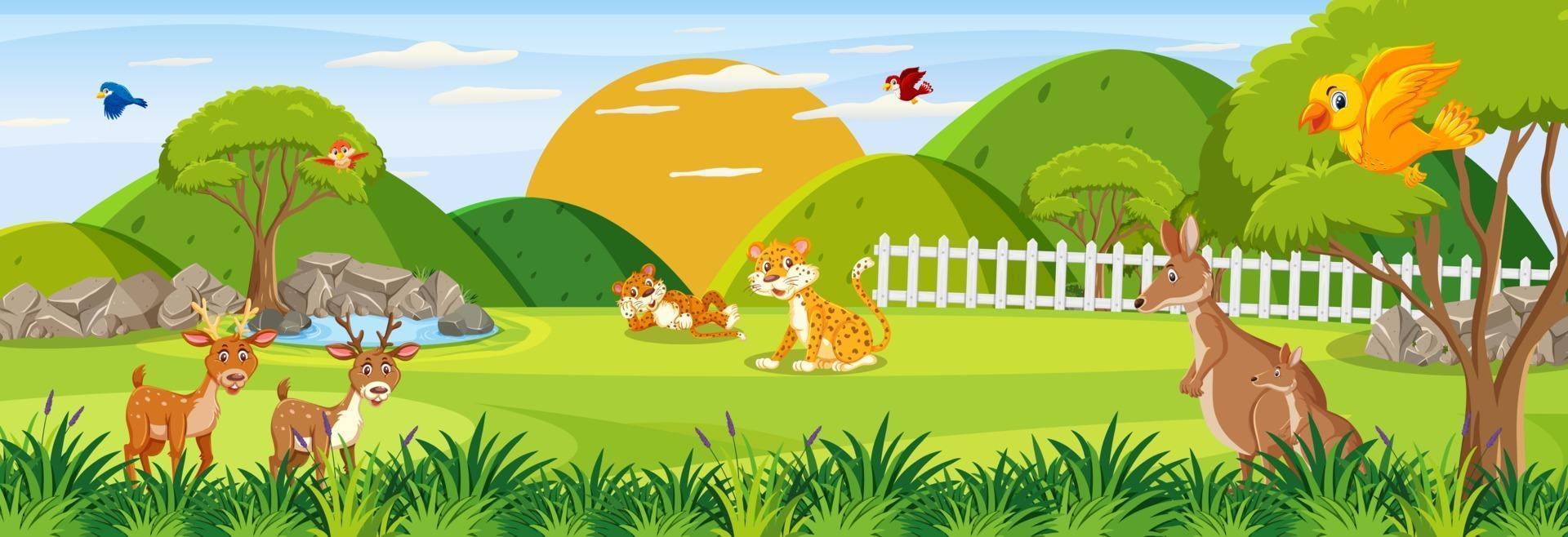 Panorama landscape scene with various wild animals in the forest vector