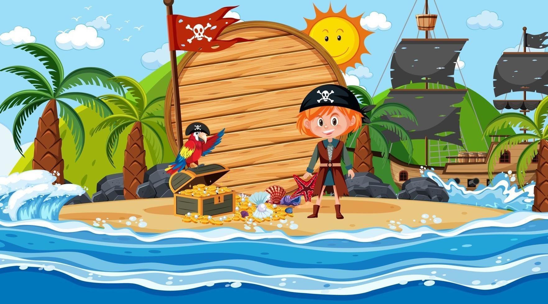 Empty wooden banner template with pirate kids at the beach daytime scene vector